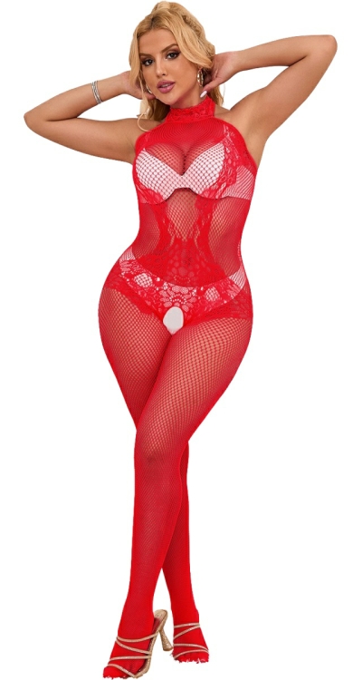 Halter Fishnet Bodystocking with Lace Teddy Design