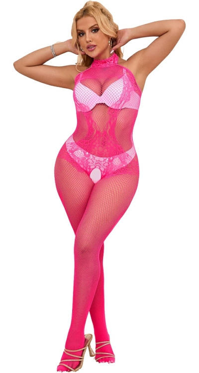 Halter Fishnet Bodystocking with Lace Teddy Design (Plus Size)