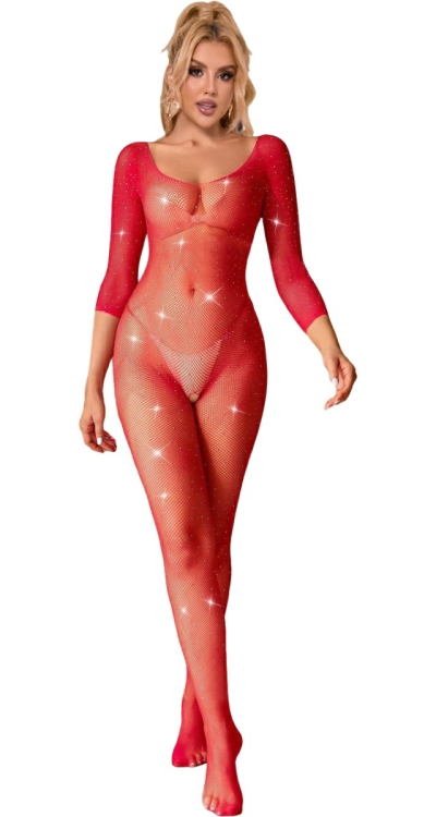 Long Sleeved Fishnet Bodystocking with Rhinestones (Plus Size)