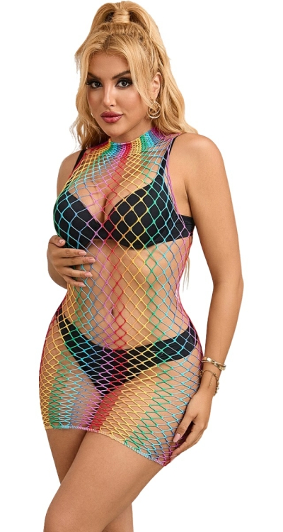 Rainbow Jumbo Net Turtleneck Mini Dress (Plus Size)