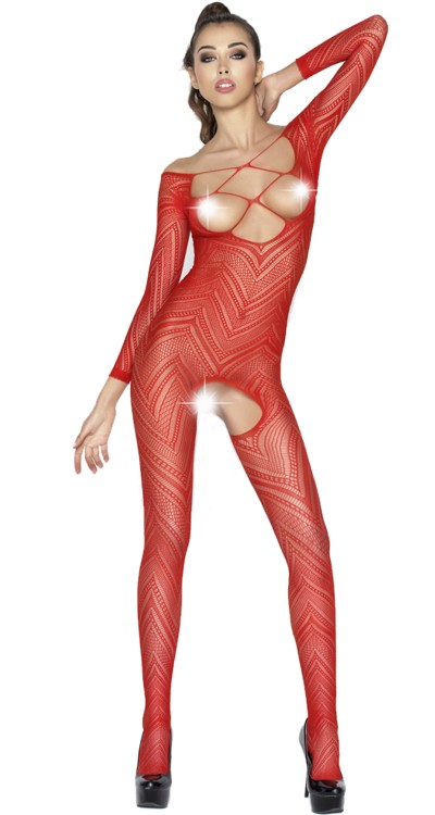 Bodystocking Avenue: Zigzag Striped Lace Open Bust Sleeved